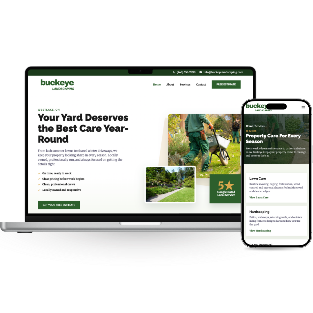 Editable landscaping website shown on laptop and phone